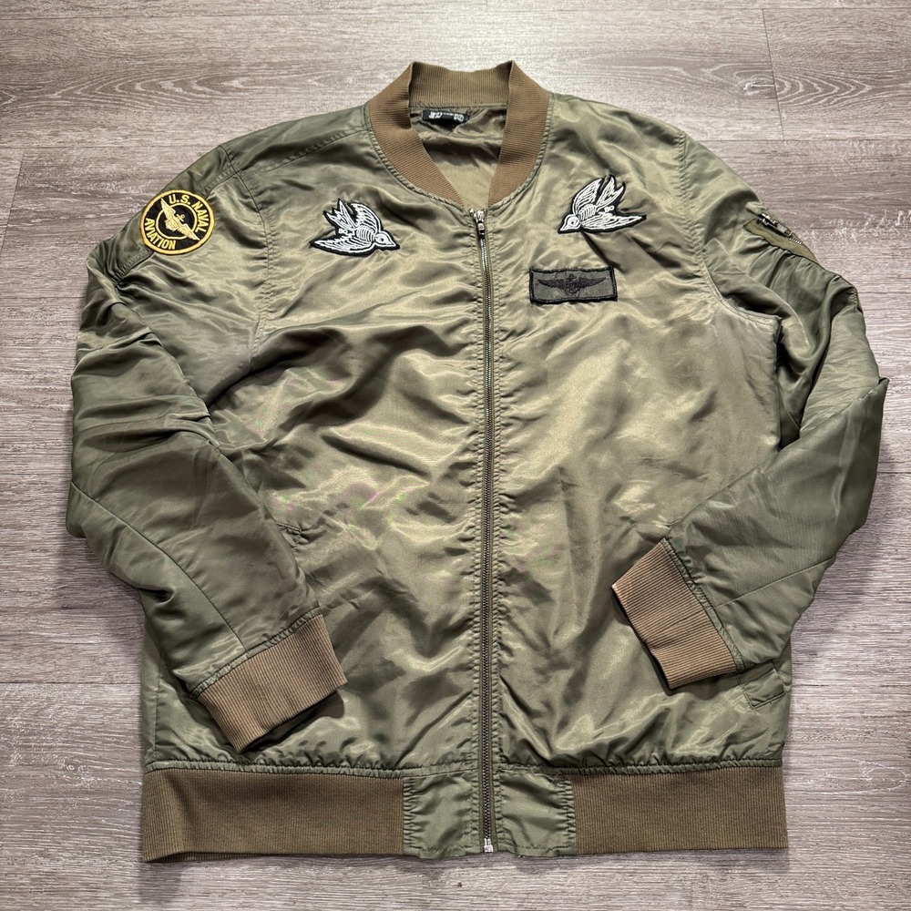 Elwood Bomber Jacket Mens Large Green Nylon Military Streetwear Patch Gorpcore